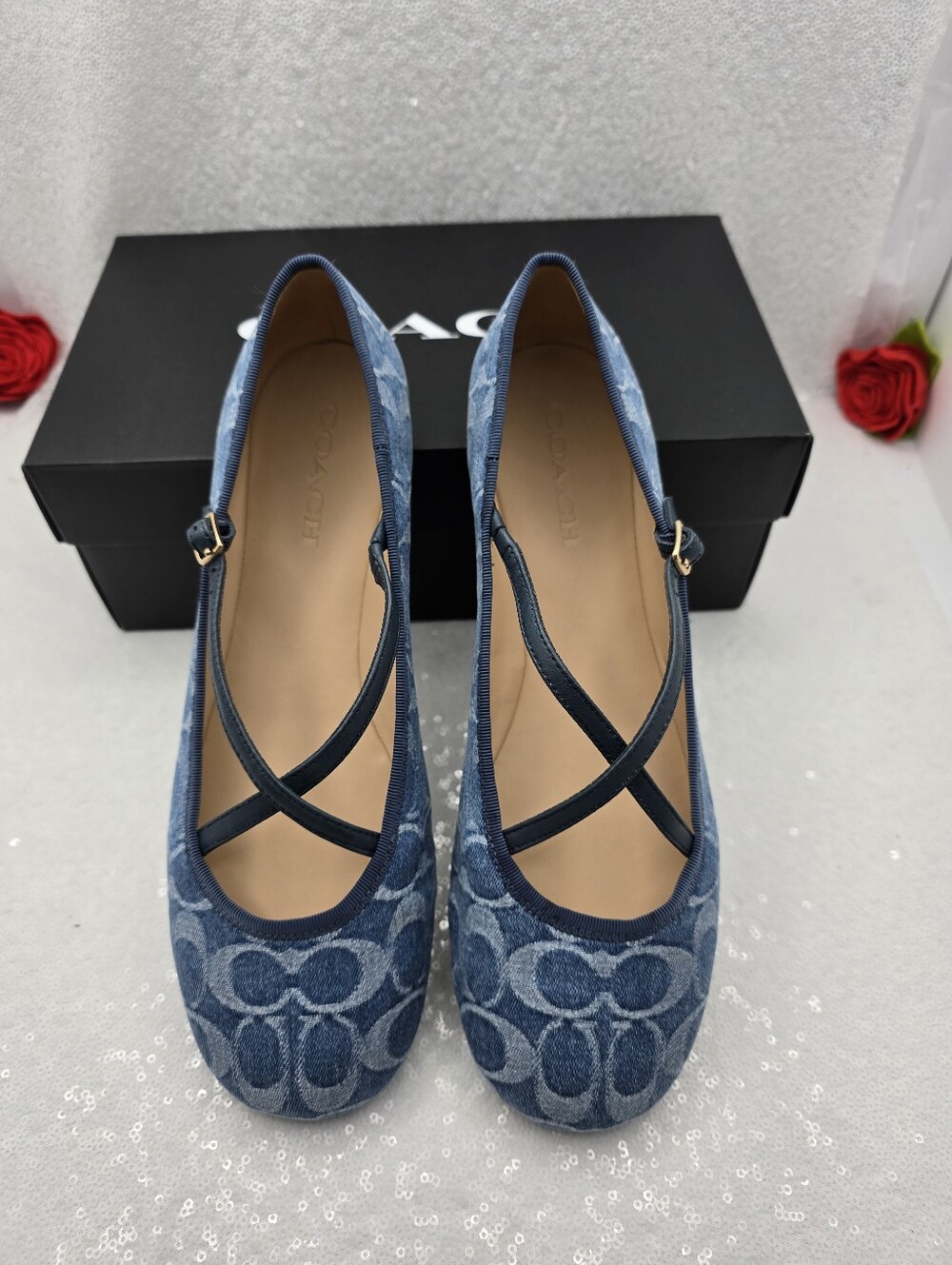 Coach Phoebe Signature Denim Ballet Flsts Cris-cross Leather Flats Women's 10 - Picture 8 of 11